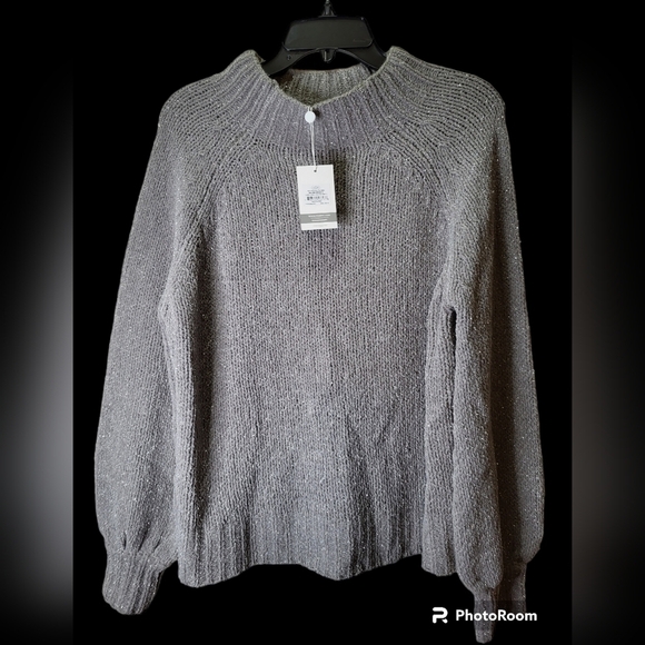 NWT Mudpie small gray mock neck bishop sleeves - Picture 8 of 13